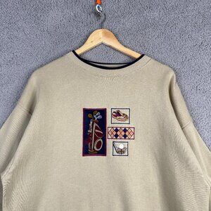 Vintage Sweater Mens Size Large Beige Golf Grandpa Embroidered Crew Neck Fleece